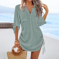 ChicMe Women's V-Neck Roll Up Sleeve Hollow-out Drawstring Mini Dress Vacation Dress