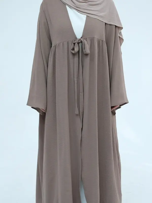 Women's Solid Color Tie Front Abaya, Elegant Long Sleeve Abaya for Daily Wear, Ladies Islamic Clothing for Spring & Fall
