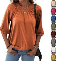 【S-5XL】Fisace Women's Solid Crew Neck T Shirt Blouse Cotton Half Sleeve 3/4 Sleeve Casual Loose Pleated Basic Tops