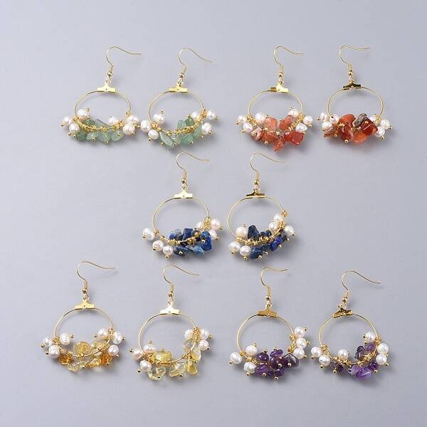 Natural Gemstone Chip Beads Dangle Earrings