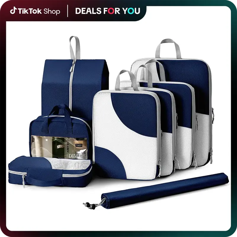 [DEALS FOR YOU] DIMJ 8 Pack Lightweight Compression Packing Cubes, Travel Luggage Organizer,Transparent Window Wash Bag & Soc...