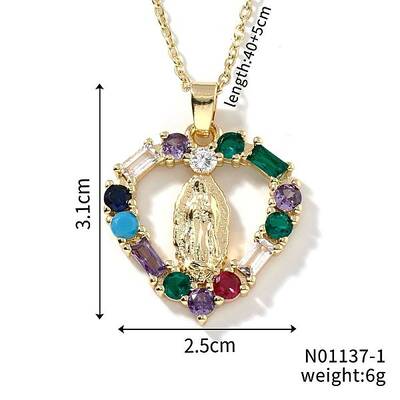 Brass Cubic Zirconia Hollow Heart Design Virgin Mary Pendant Exquisite Necklaces