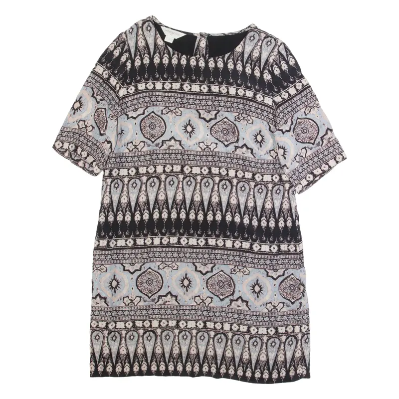 MONSOON Womens Shift Dress White Silk Crazy Pattern Short Sleeve Knee Length M