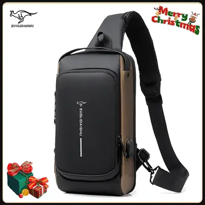 Men's Fashion Letter Pattern Zipper Pu Sling Bag with Password Lock for Summer 2024, Waterproof Travel Business Chest Bag, Ma...