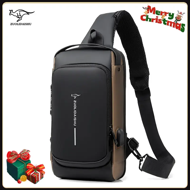 Men's Fashion Letter Pattern Zipper Pu Sling Bag with Password Lock for Summer 2024, Waterproof Travel Business Chest Bag, Ma...