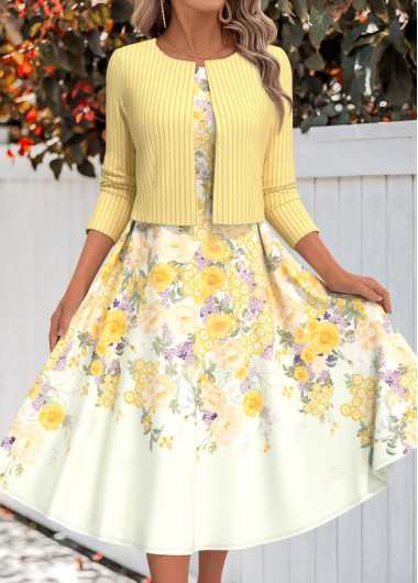 Modlily Light Yellow Two Piece Floral Print Dress and Cardigan - XXL