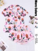 Women's All Over Dog Print Pajama Two-piece Set, Cute Casual Comfy Short Sleeve Shirt & Elastic Waist Shorts Pj Set, Ladies S...