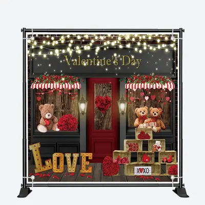 Rose Shop Door Bears Light Valentines Day Backdrop - Aperturee