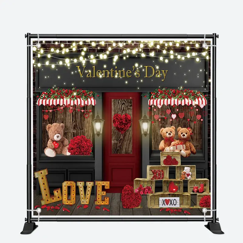 Rose Shop Door Bears Light Valentines Day Backdrop - Aperturee