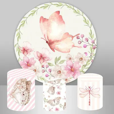 Aperturee Pink Butterfly And Floral Round Baby Shower Backdrop | Circle Backdrop Baby Shower | Baby Shower Round Backdrop | B...