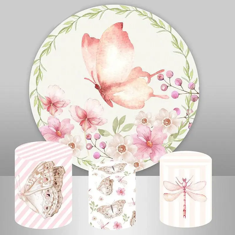 Aperturee Pink Butterfly And Floral Round Baby Shower Backdrop | Circle Backdrop Baby Shower | Baby Shower Round Backdrop | B...