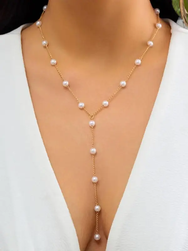 Women's Boho Style Faux Pearl Decor Pendant Necklace, Summer Exquisite Trendy Matching Necklace, Chic Jewelry As Birthday Gif...