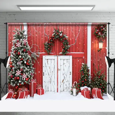 Aperturee Red Wood Wall Door Wreath Snow Christmas Backdrop - Aperturee