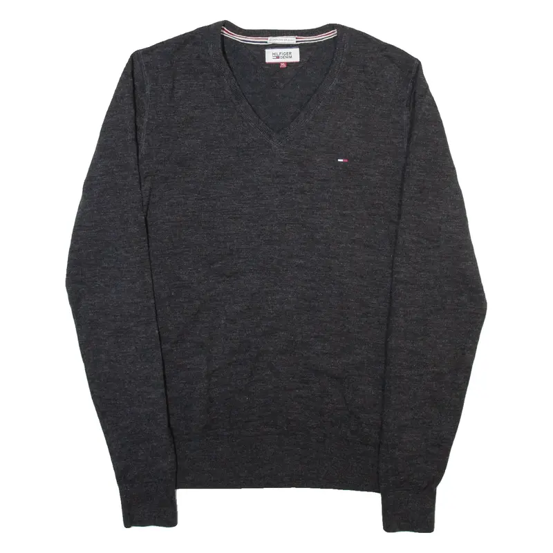 TOMMY HILFIGER Mens Jumper Grey V-Neck Tight Knit XL