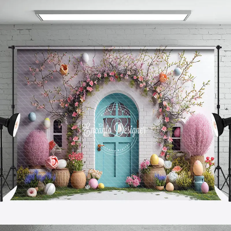 Pink Floral Cyan Door Egg Easter Backdrop For Photo - Aperturee