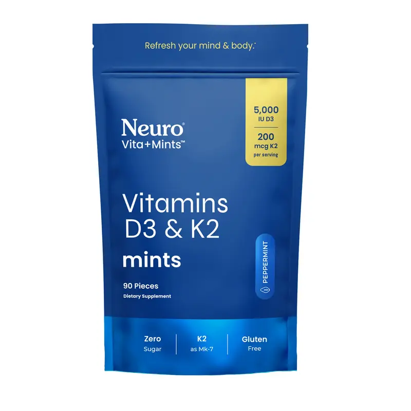 Neuro Mints Vitamin D3+K2 for Bone, Immune & Mood Support - 5,000 IU Vitamin D3 & 200mcg K2 - Sugar-Free, Aspartame-Free, Glu...