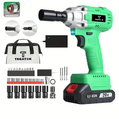 Tegatok 20V Cordless 1/2-Inch Impact Wrench, 320 Nm and 3200 IPM Torque, Brushless Impact Gun with Battery and Charger, Wren...
