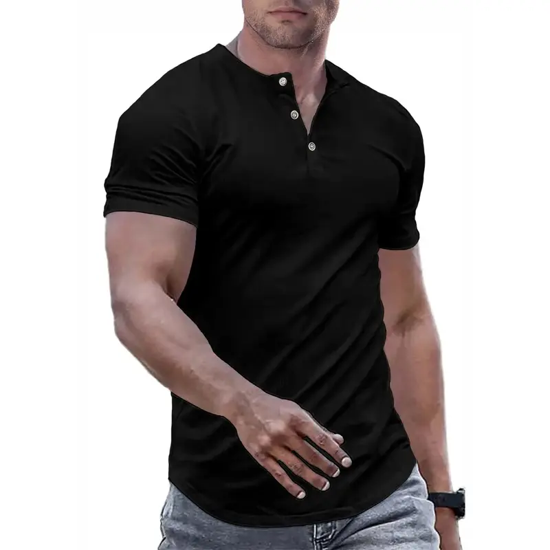 TUREFACE Men's Plain Muscle Slim Fitted Henley Shirts Crewneck Longline T-Shirt Gym Workout Athletic Shirt Tees with Button M...