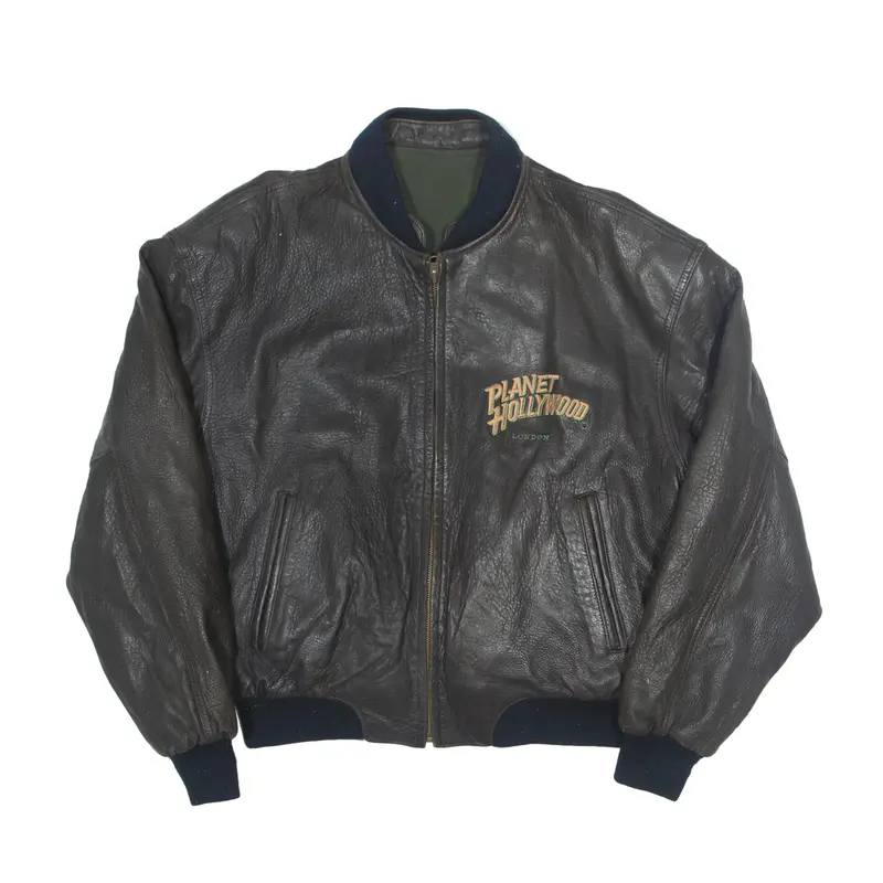 PLANET HOLLYWOOD London Reversible Insulated Bomber Leather Jacket Brown 90s Mens S