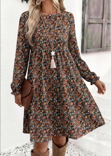 Modlily Multi Color Ditsy Floral Print Short Long Sleeve Dress - XL