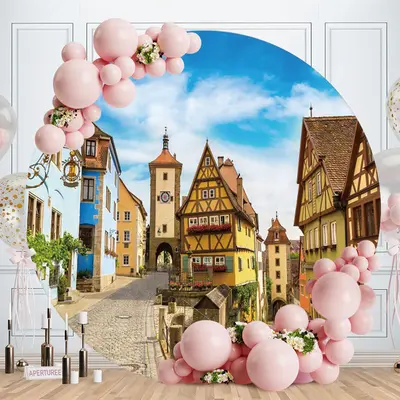 Aperturee Round Unique House And Blue Sky Happy Birthday Backdrop