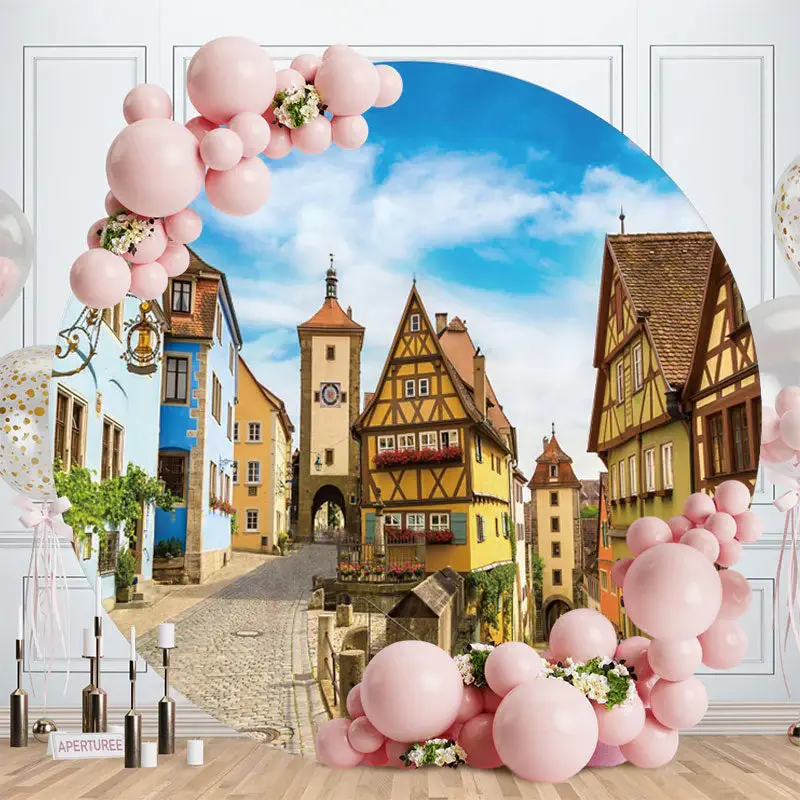 Aperturee Round Unique House And Blue Sky Happy Birthday Backdrop