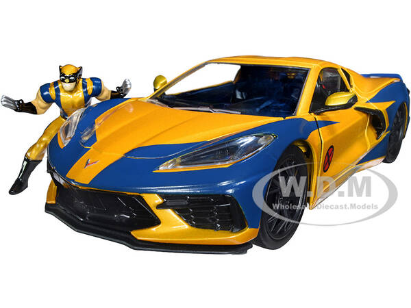 2020 Chevrolet Corvette C8 Stingray Gold Metallic and Dark Blue and Wolverine Diecast Figurine X-Men Marvel Series Holly...