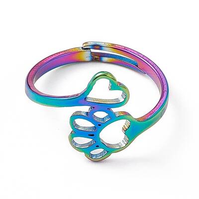 Ion Plating(IP) 201 Stainless Steel Heart & Dog Paw Prints Adjustable Ring for Women