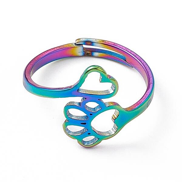 Ion Plating(IP) 201 Stainless Steel Heart & Dog Paw Prints Adjustable Ring for Women