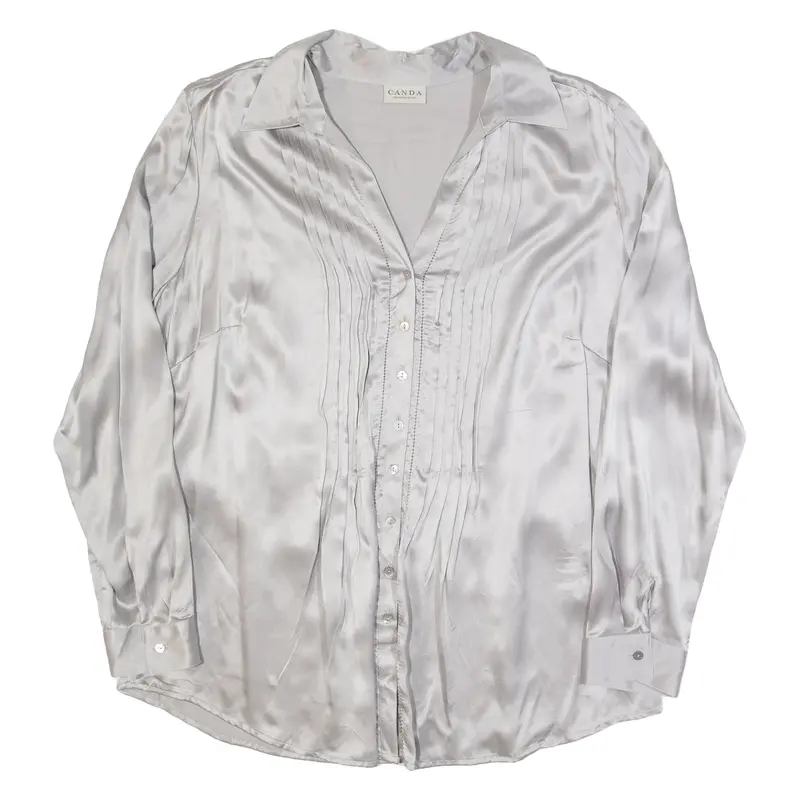 CANDA Womens Blouse Grey V-Neck Long Sleeve L