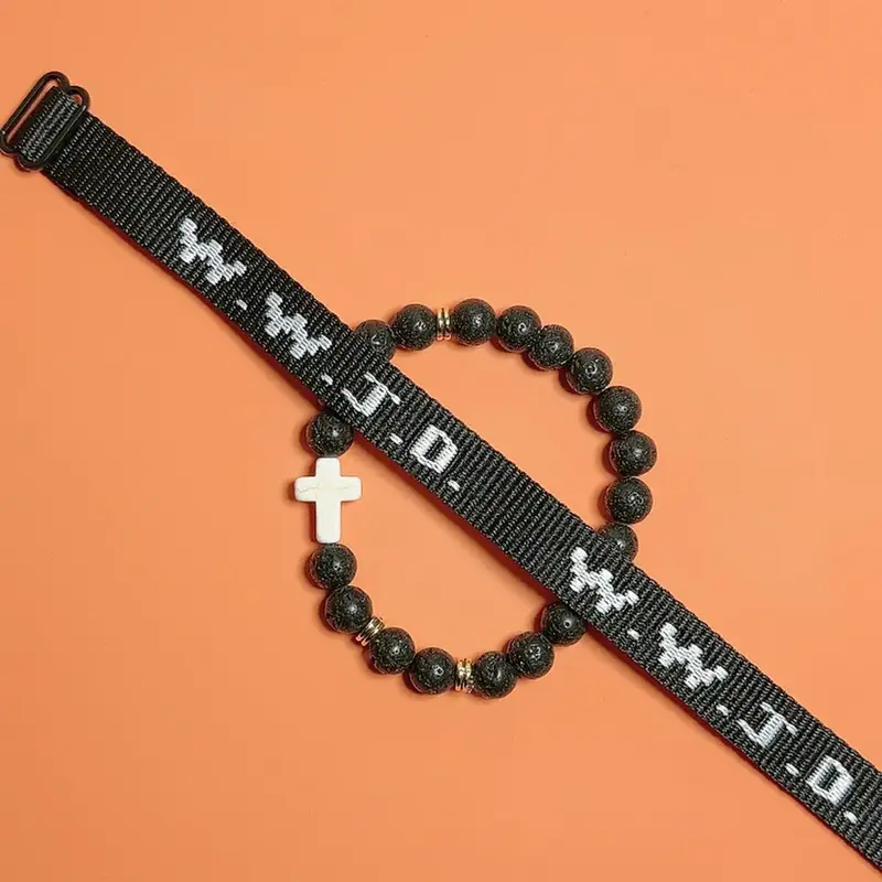 Handmade Bundle of 2 WWJD Wristband Bracelet with beaded cross bracelet set for Teen Girls Women Men Spring Travel Summer Adj...