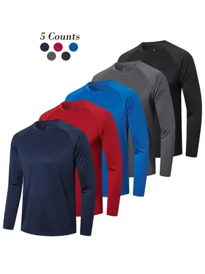Men's Solid Round Neck Long Sleeve Sports Tee, Quick Drying Breathable Crew Neck T-Shirt for Gym Workout Running, Casual Spor...