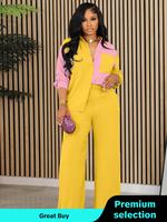 Two-piece Set Women's Colorblock Button Front Shirt & Solid Wide Leg Pants, Casual Long Sleeve Collared Top & Elastic Waist T...