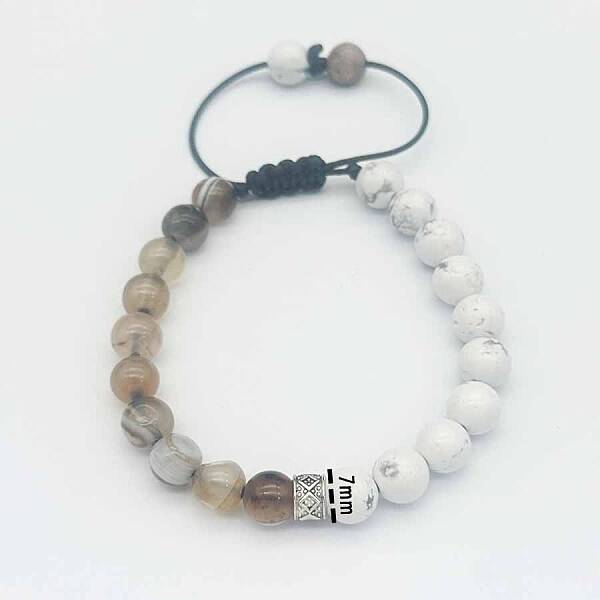 Adjustable Round Natural Howlite & Gray Agate Braided Bead Bracelets for Women Men