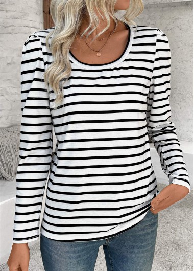 Modlily White Striped Long Sleeve Round Neck T Shirt - XL