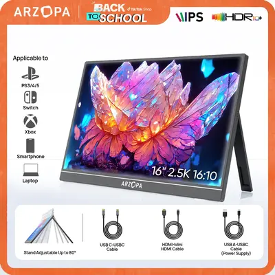 ARZOPA 16 2.5K Portable Monitor 2560x1600 QHD IPS Display 123% sRGB USB-C HDMI External Second Screen for Mac Laptop Phone ...