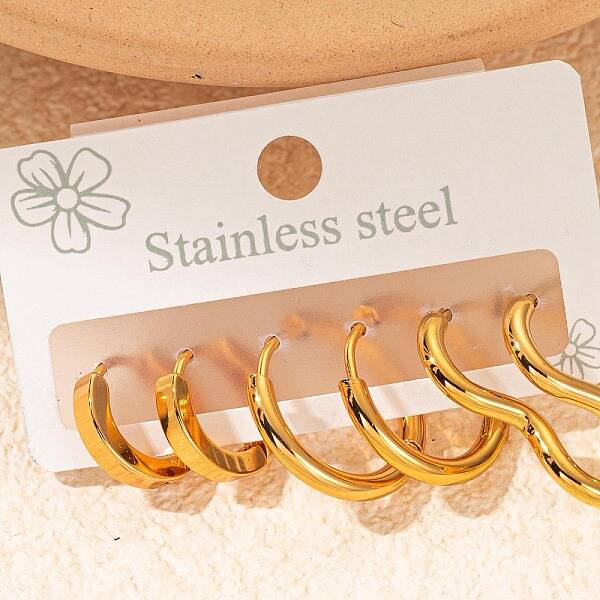 3 Pairs 304 Stainless Steel Hoop Earring Sets