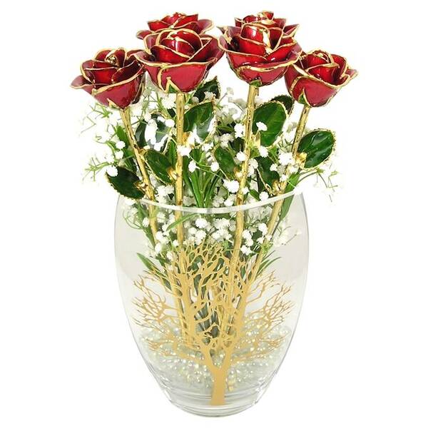 Six 17 24k Gold Trim Roses in Tree of Life Vase