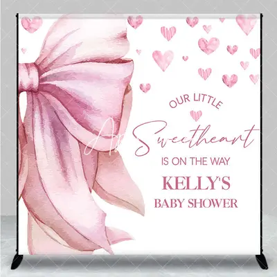 Aperturee Pink Bow Tie Sweatheart Custom Baby Shower Backdrop, 3X3FT(1X1M), 15 USD, custom baby shower backdrops, DZYM0Z19-O