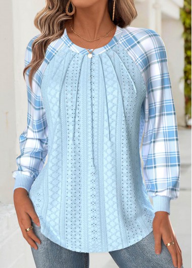 Modlily Light Blue Tummy Coverage Plaid Long Sleeve Sweatshirt - M