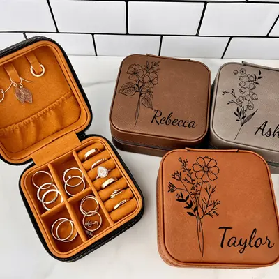 Personalized Birth Flower Jewelry Travel Case, Laser Engraved, Birth Month Flower Gift, Personalized Birthday Gift, Leather J...
