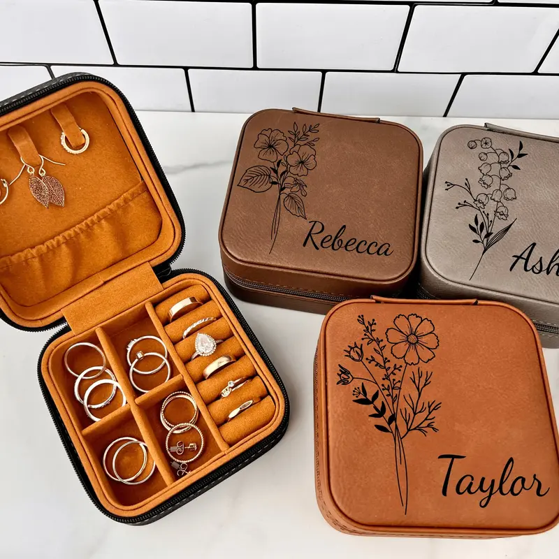 Personalized Birth Flower Jewelry Travel Case, Laser Engraved, Birth Month Flower Gift, Personalized Birthday Gift, Leather J...