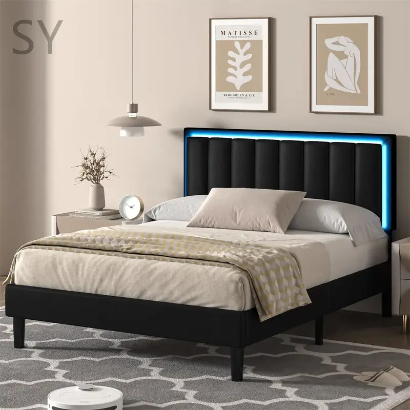 SY-Hot Selling Upholstered Bed Frame with Faux Leather Headboard,Bed Frame with LED Headboard,Heavy Duty Wood Slats Support,N...