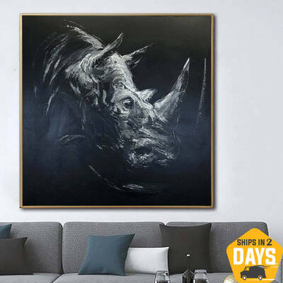 Large Rhinoceros Painting On Canvas Wild Animal Wall Art Rhino Textured Art Monochrome Artwork Wild Animal Canvas Art | RHINO...