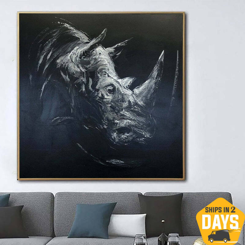 Large Rhinoceros Painting On Canvas Wild Animal Wall Art Rhino Textured Art Monochrome Artwork Wild Animal Canvas Art | RHINO...