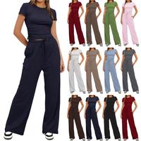 XINEV Women's Solid Loungewear Sets Comfort Short Sleeve Crop Top & High Waist Flared Leg Pants with Belt for All Seasons Min...