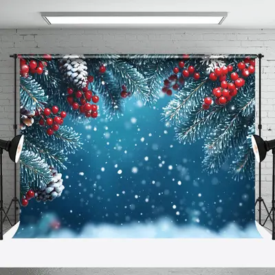 Blue Pine Leaves Cone Snowflakes Christmas Backdrop - Aperturee
