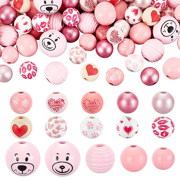 150Pcs 15 Styes Spray Painted Natural Wood European Beads