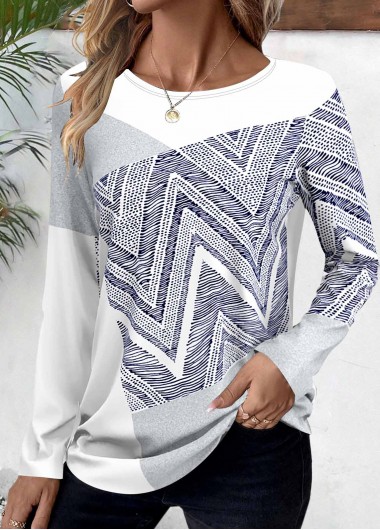 Modlily White Patchwork Geometric Print Long Sleeve T Shirt - XXL