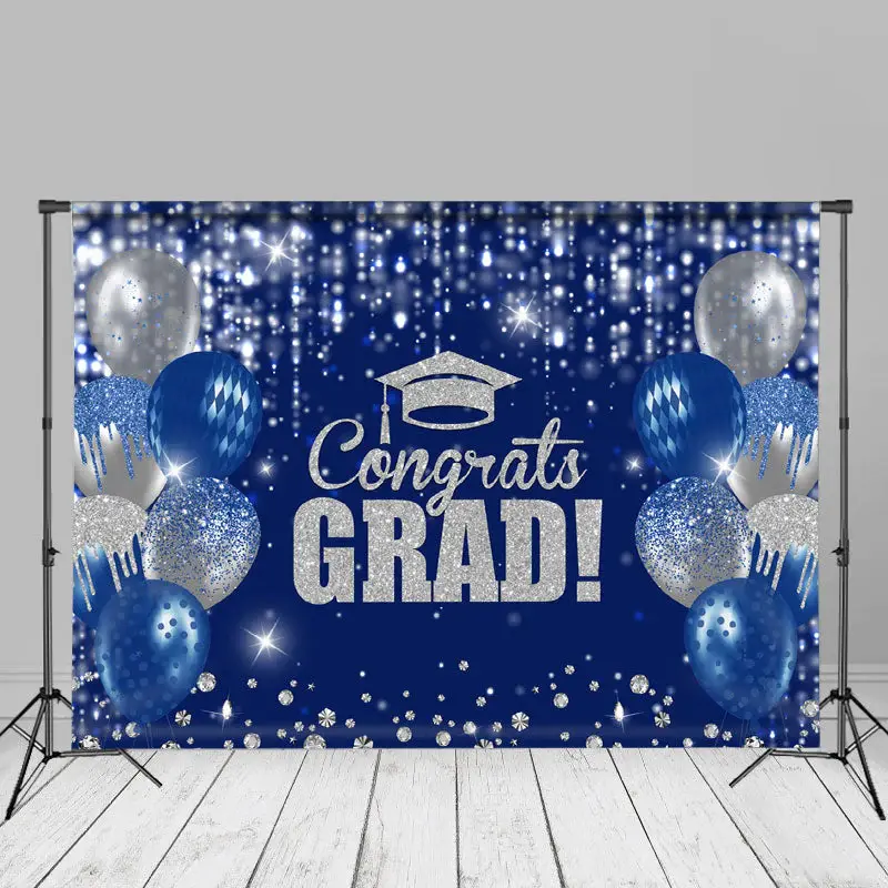 Bleu Silver Balloons Glitter Congrats Grad Backdrop - Aperturee